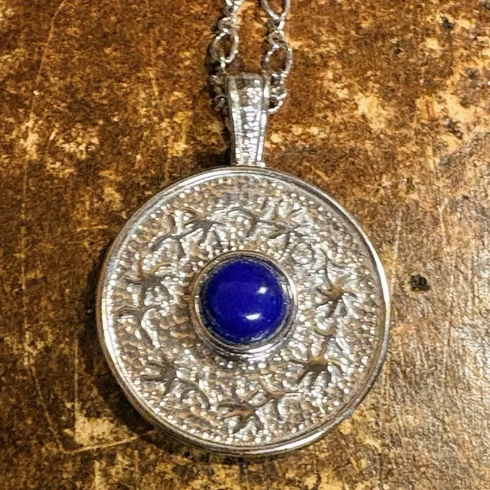 Sterling Silver and Lapis Necklace Ornate Design on Sterling Silver Chain 18 In